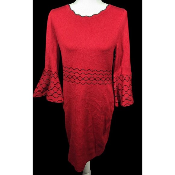 Nina Leonard Black And Red Jacquard Bell Sleeve Sweater Dress - Picture 2 of 7